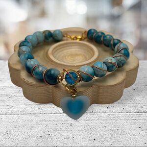 Handmade wirewrapped Blue Heart Charm Bracelet